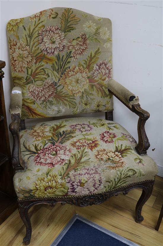 A 19th century French tapestry open armchair, W.72cm